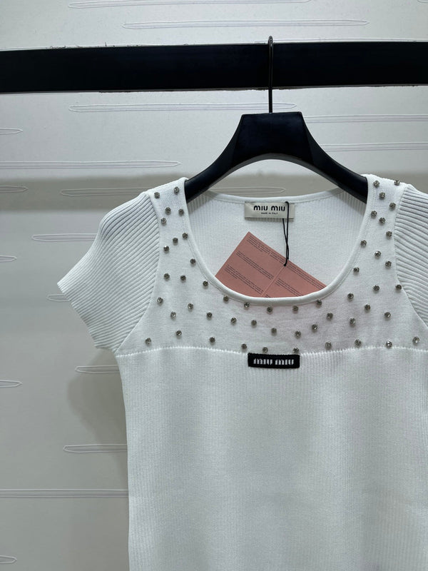 Miu 26 U-Neck Short-Sleeve Top White in Wool 375885