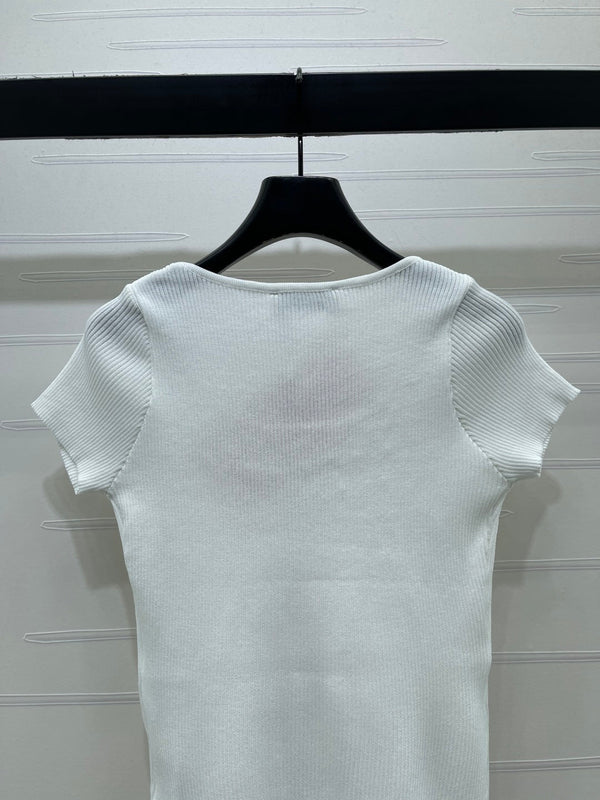 Miu 26 U-Neck Short-Sleeve Top White in Wool 375885
