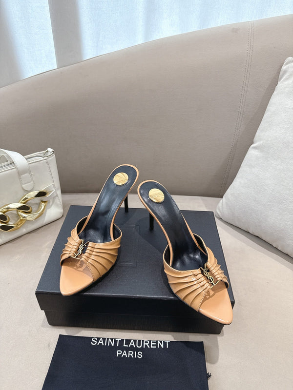 YSL Babylone Mules 90mm Light Brown in Supple Leather 771704