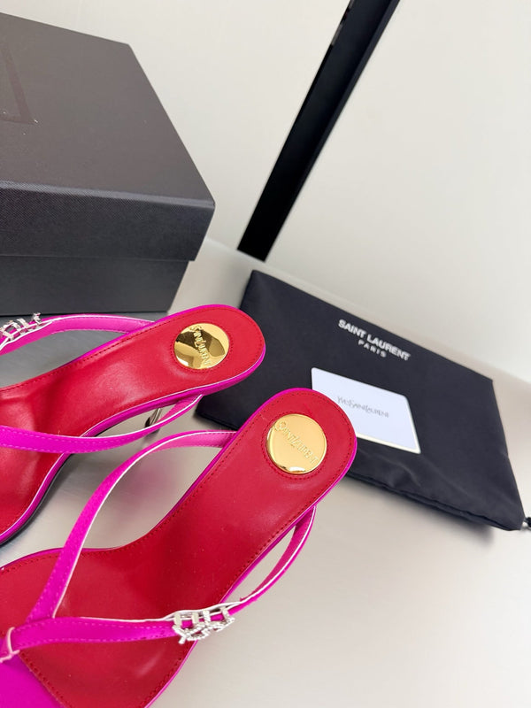 YSL Metal Heel 75mm with Side Rhinestone Buckle Logo Pink in Silk 784726