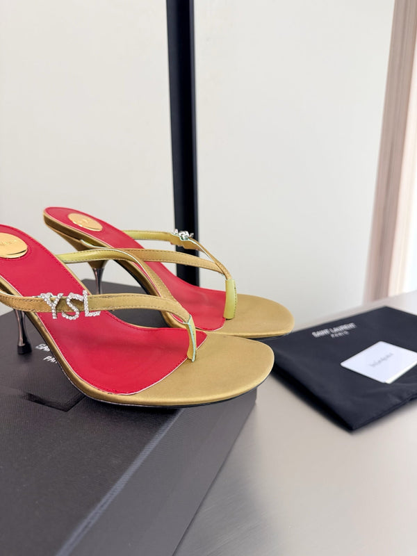 YSL Metal Heel 75mm with Side Rhinestone Buckle Logo Light Brown in Silk 784725