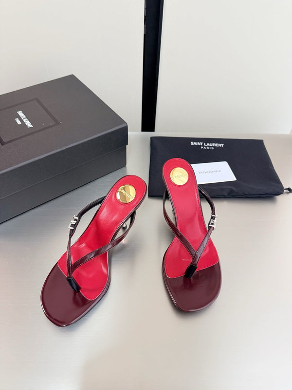 YSL Metal Heel 75mm with Side Rhinestone Buckle Logo Burgundy in Cowhide 784724