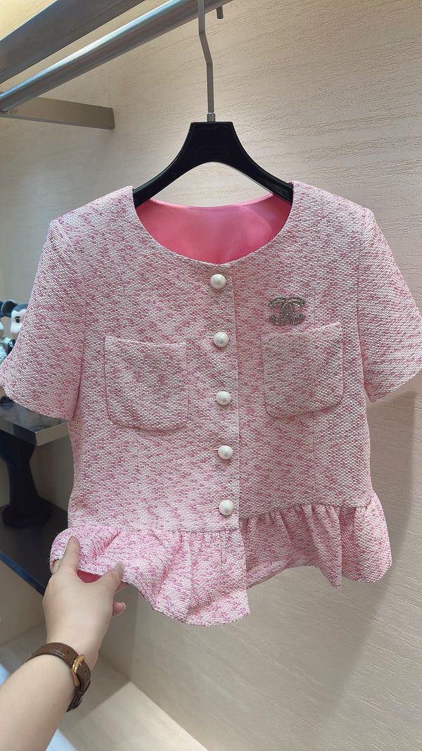 CC Cherry Blossom Pink Ruffled Blouse in Tweed 385112
