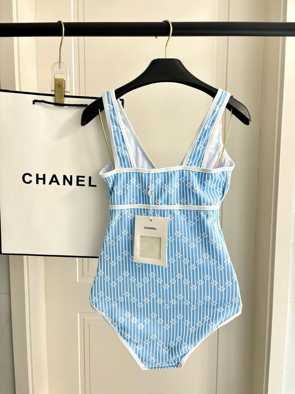 CC Striped Floral One-Piece Swimsuit in Blue White 289860