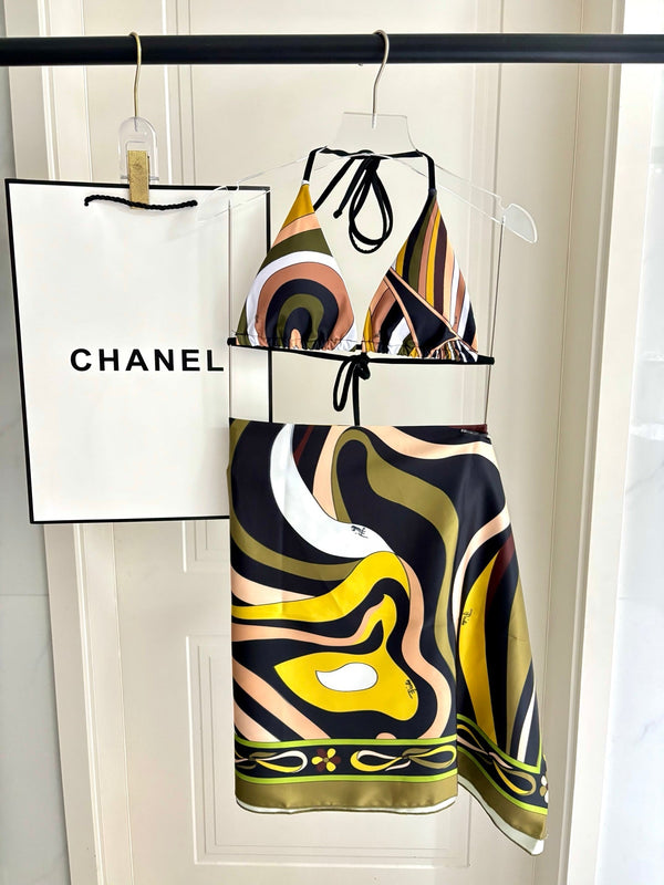 Pucci 3-Piece Swimwear Set Khaki Black White Marmo Print 228095