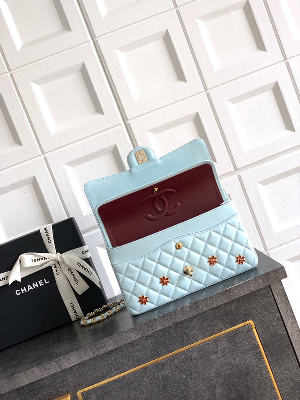 CC Flower Embellished Handbag 25.5cm Blue Lambskin