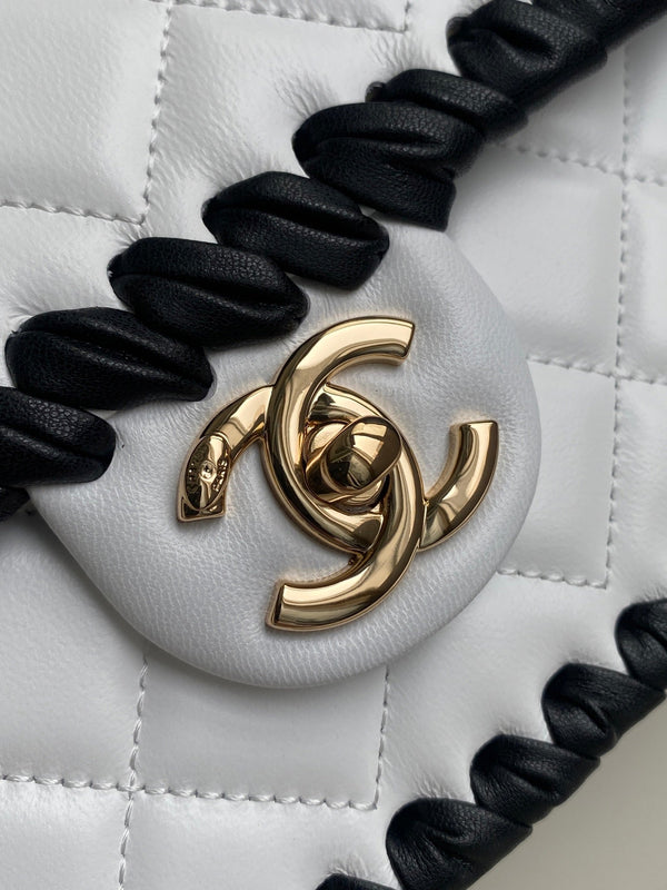 CC Flap Bag 22cm White Lambskin with Black Braided Trim