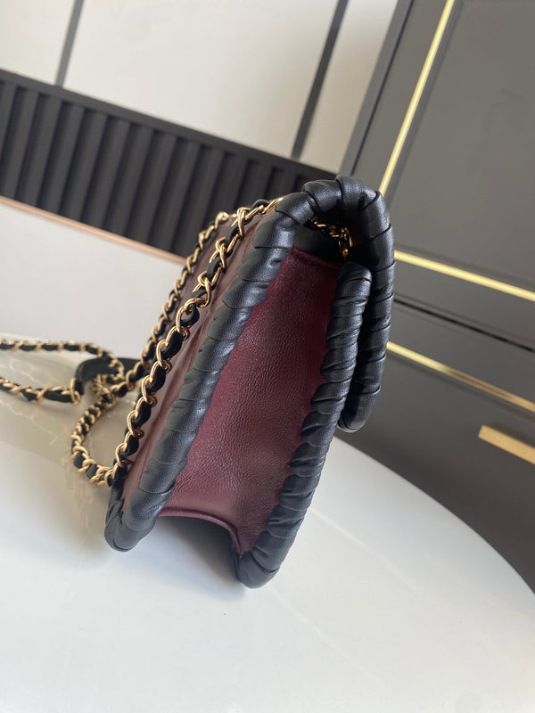 CC Flap Bag 15cm Burgundy Lambskin with Black Braided Trim