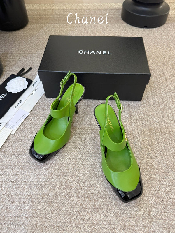 CC 26S Square-Toe Mary Jane Slingback Pumps Black Green Lambskin 835672