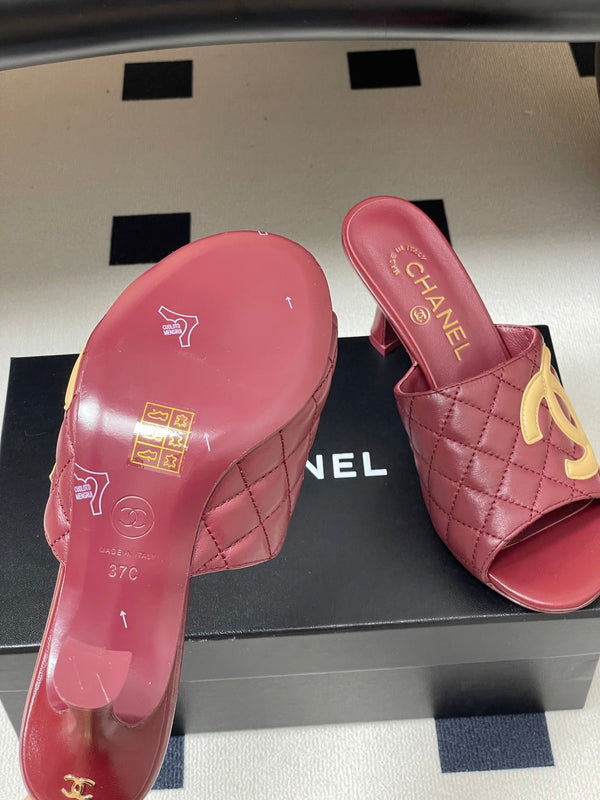 CC 26A Logo Quilted Heeled Sandals 8cm Burgundy Begie Lambskin 834708