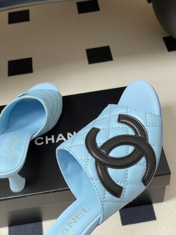 CC 26A Logo Quilted Heeled Sandals 8cm Blue Black Lambskin 834707