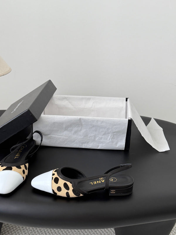 CC Slingback Flats Begie Black Spotted Calfskin 840029