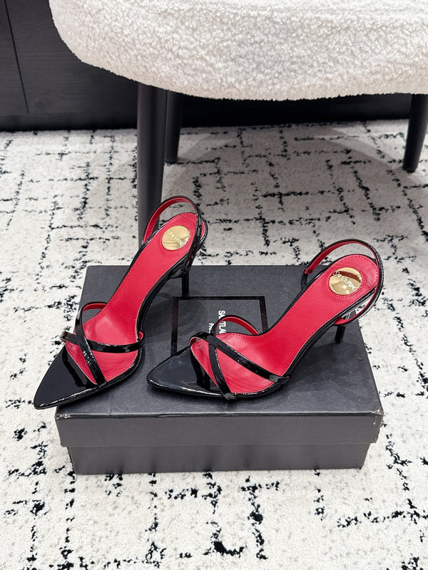 YSL Kirat Cross-Strap Stiletto Sandals 9.5cm Red Black Patent Cowhide Leather 847157