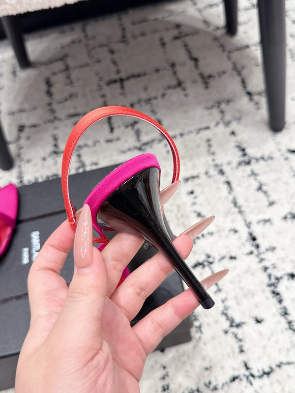 YSL Kirat Cross-Strap Stiletto Sandals 9.5cm Red Pink Cowhide Leather 847155