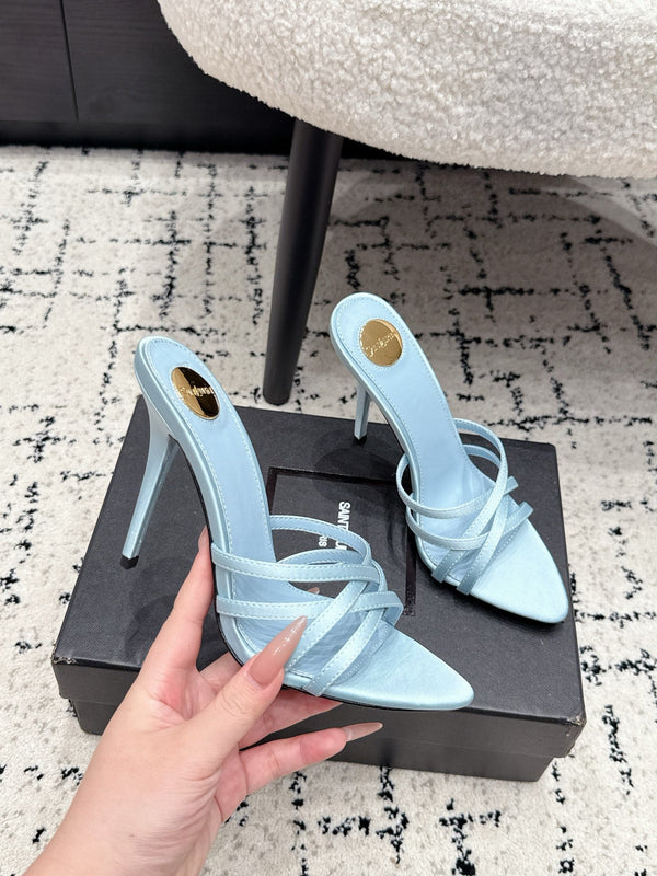 YSL Kirat Cross-Strap Stiletto Mules 10.5cm Blue Cowhide Leather 847151