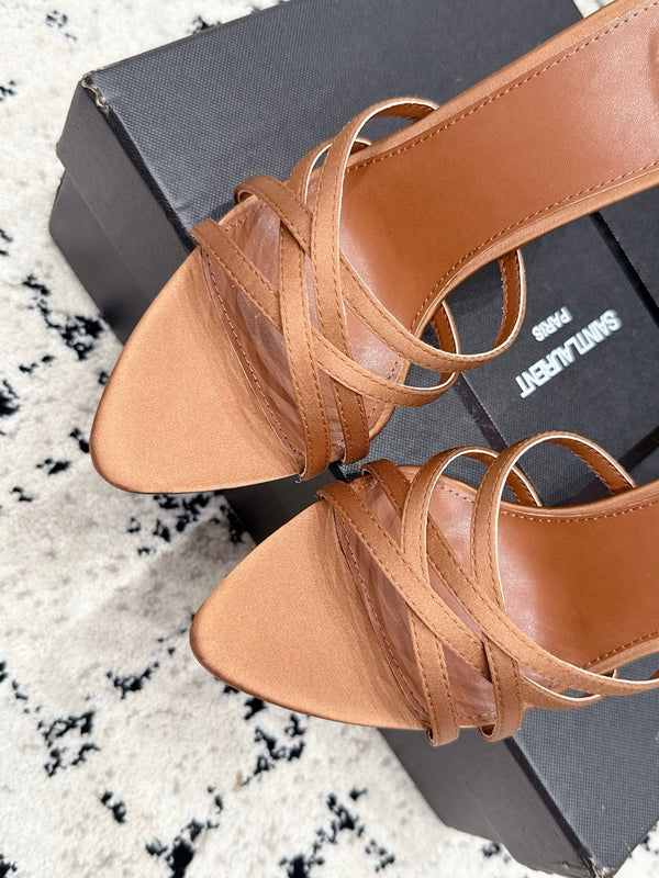 YSL Kirat Cross-Strap Stiletto Mules 10.5cm Light Brown Cowhide Leather 847150