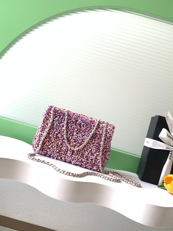 CC Flap Bag 21cm Rose Pink Sequin Gold Hardware 157763