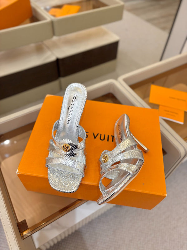 LV Isola Mule 9.5cm Silver Metallic Calfskin Leather 844384
