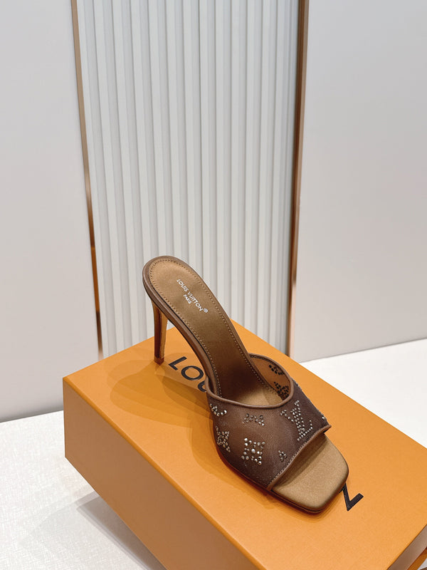 LV Gala Mules 9.5cm Brown Rhinestone Mesh 844227
