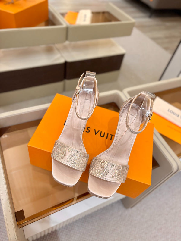 LV Sandals 11cm Begie Silk Rhinestone 844394