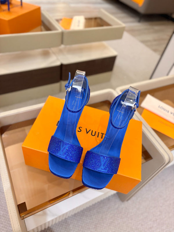 LV Sandals 11cm Blue Silk Rhinestone 844392