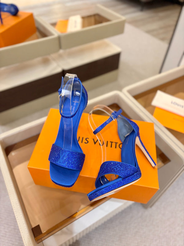 LV Sandals 11cm Blue Silk Rhinestone 844392