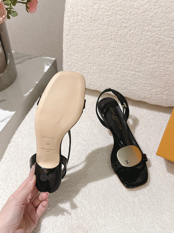 LV Thin Strap High Heel Sandals Logo Patent Leather 840381