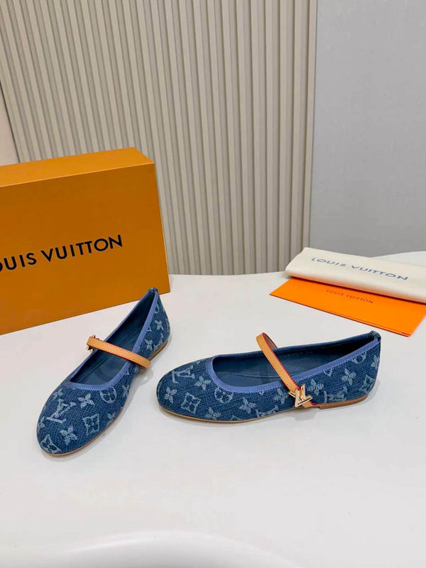 LV Monogram Kitten Ballet Flats Blue Canvas Leather 840352