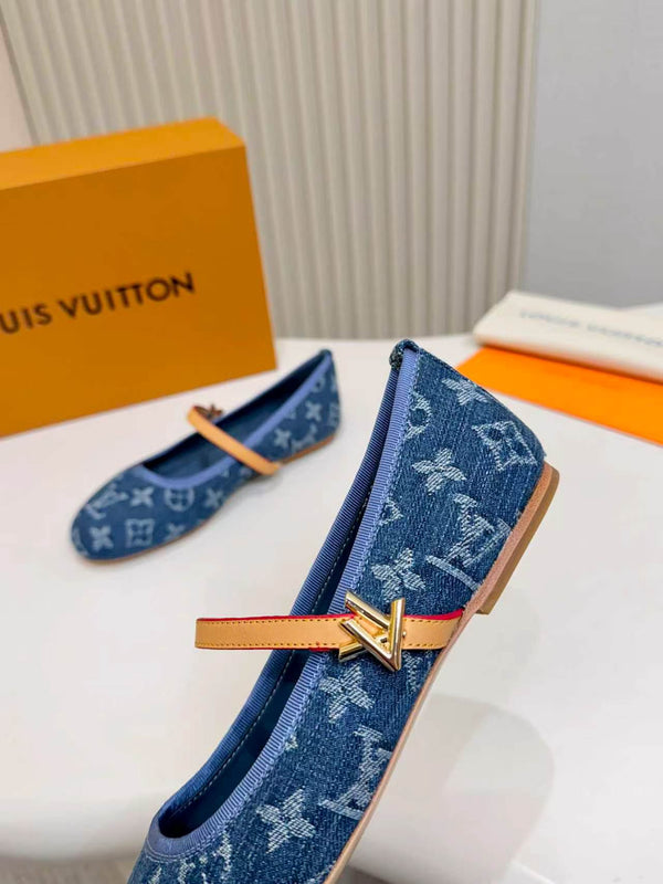 LV Monogram Kitten Ballet Flats Blue Canvas Leather 840352
