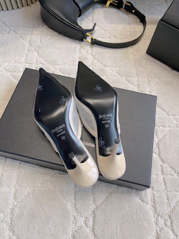 YSL Pointed-Toe Mesh Mule 75mm Ivory Cowhide & Mesh 851895