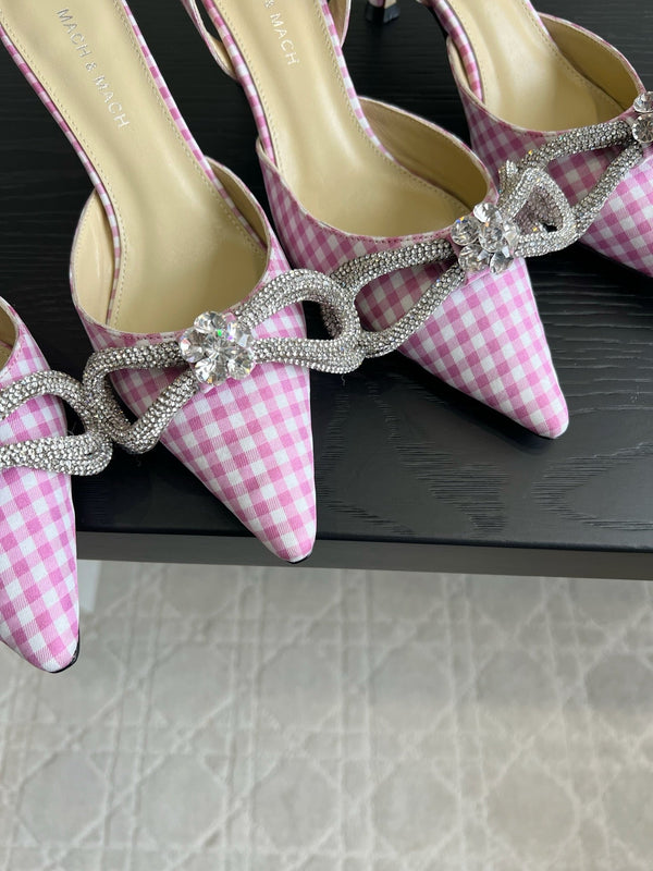 Mach Gingham Bow Slingback Pumps Pink White Fabric 851906