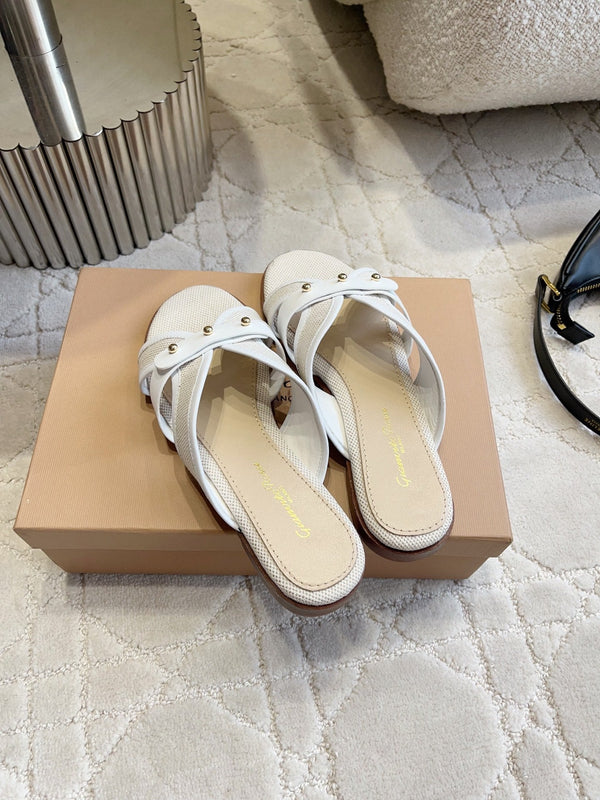 GR Paros Studded Flat Sandals White Cowhide & Fabric 851844