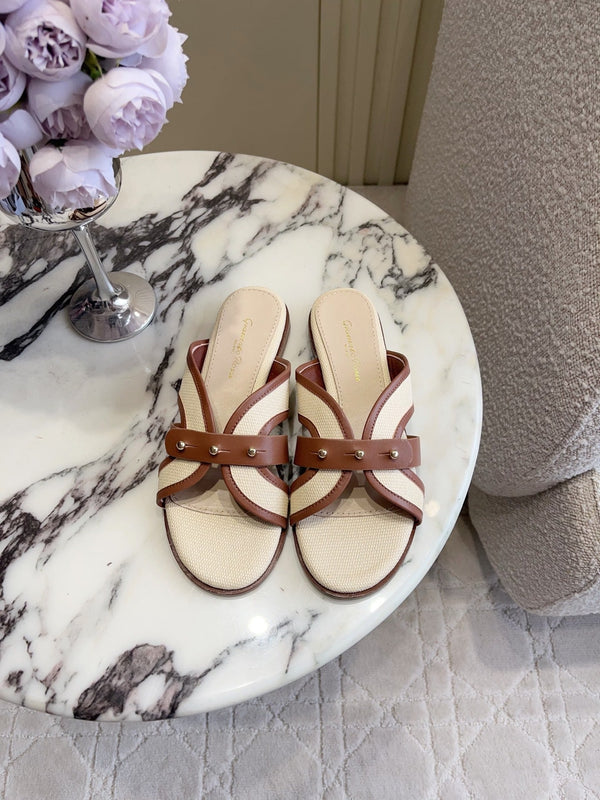 GR Paros Studded Flat Sandals Brown Cowhide & Fabric 851843