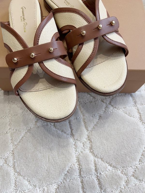 GR Paros Studded Flat Sandals Brown Cowhide & Fabric 851843