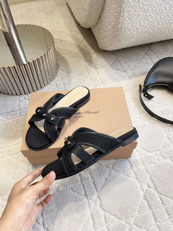 GR Paros Studded Flat Sandals Black Cowhide & Fabric 851842