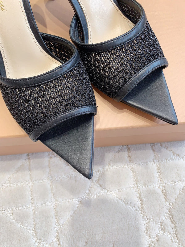 GR Pointed-Toe Mule Sandals 8.5cm Black Cowhide & Mesh 854881