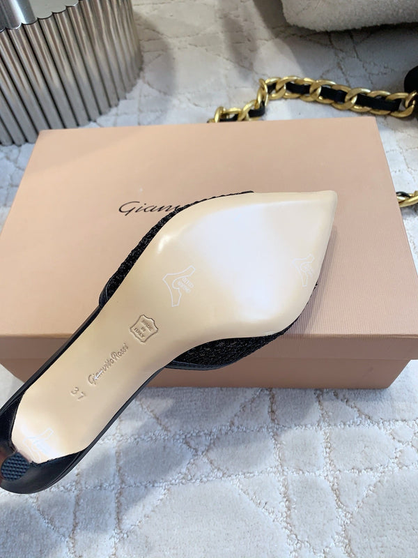 GR Pointed-Toe Mule Sandals 8.5cm Black Cowhide & Mesh 854881