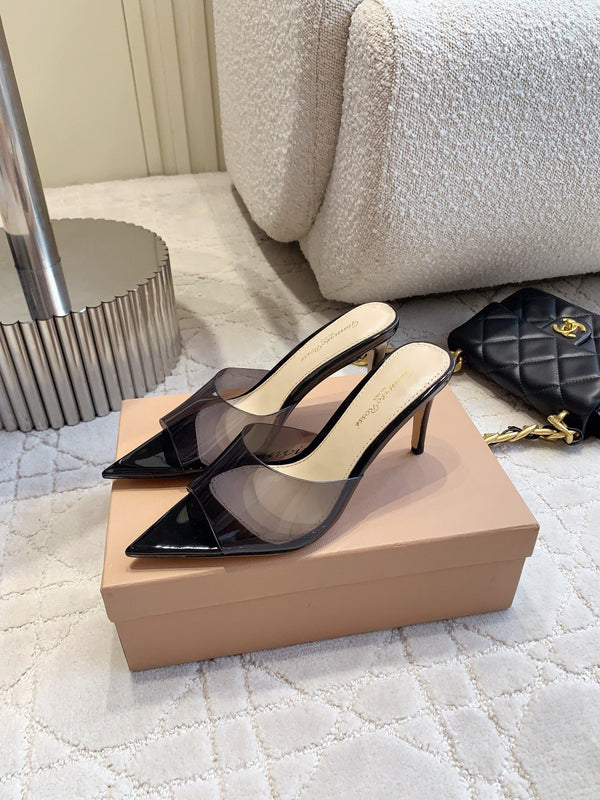 GR Pointed-Toe Mule Sandals 8.5cm Black Patent Cowhide & PVC 854878