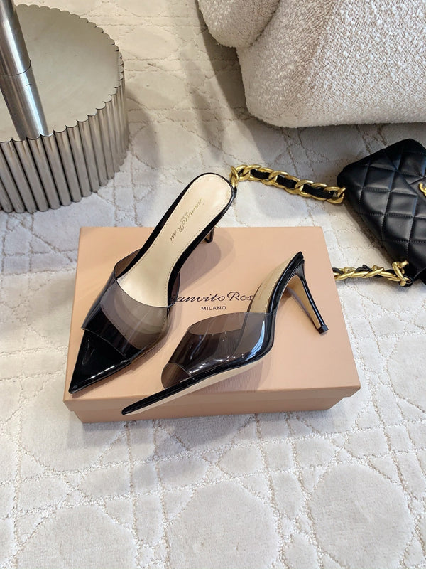 GR Pointed-Toe Mule Sandals 8.5cm Black Patent Cowhide & PVC 854878