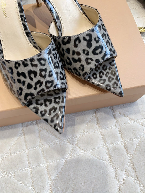 GR Leopard Print Pointed-Toe Mules 8.5cm Grey Patent Cowhide 851872