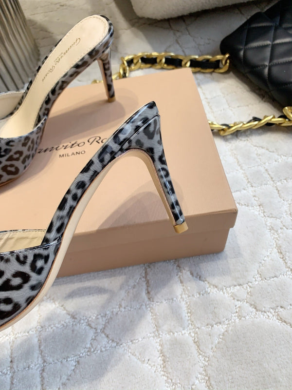 GR Leopard Print Pointed-Toe Mules 8.5cm Grey Patent Cowhide 851872