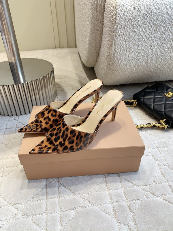 GR Leopard Print Pointed-Toe Mules 8.5cm Brown Patent Cowhide 851870