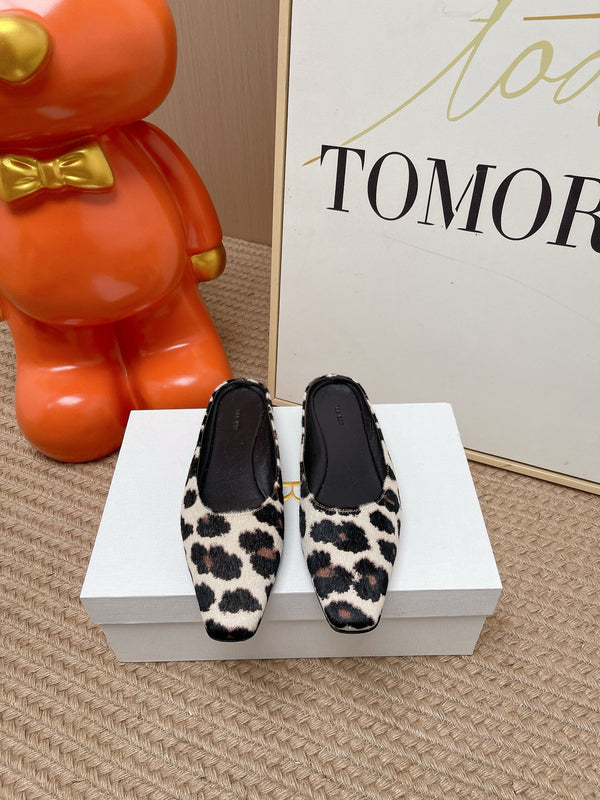 TR Mules Black Leopard Spotted Square Toe Horsehair 854393
