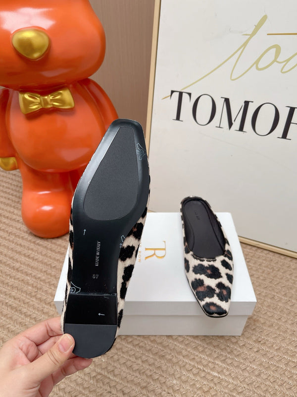 TR Mules Black Leopard Spotted Square Toe Horsehair 854393