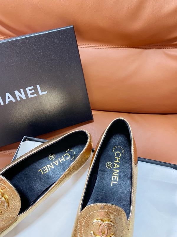 CC 26P Double C Loafers Gold Black Metallic Lambskin & Grosgrain 857974