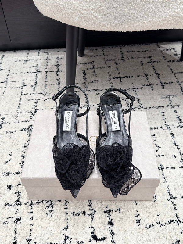 JC Mimmi Slingback Pumps Floral Appliqué 5.5cm Black Lace 858432