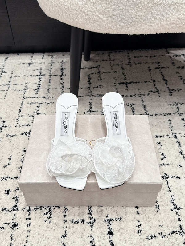 JC 26SS Floral Appliqué Mules 6.5cm White Lace 858429