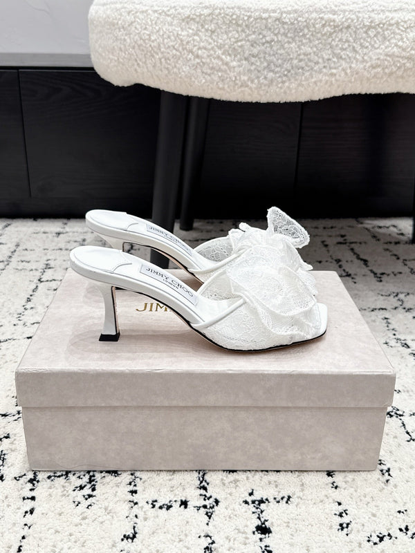 JC 26SS Floral Appliqué Mules 6.5cm White Lace 858429