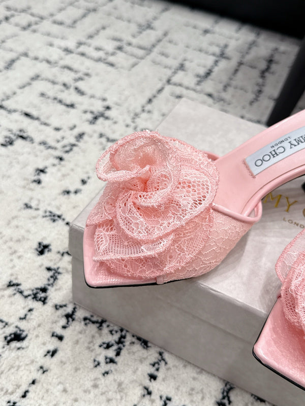 JC 26SS Floral Appliqué Mules 6.5cm Pink Lace 858428