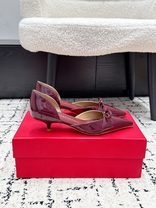 FG Gyoia Bow Pointed Toe Pumps 3.5cm Burgundy Patent Leather 848407